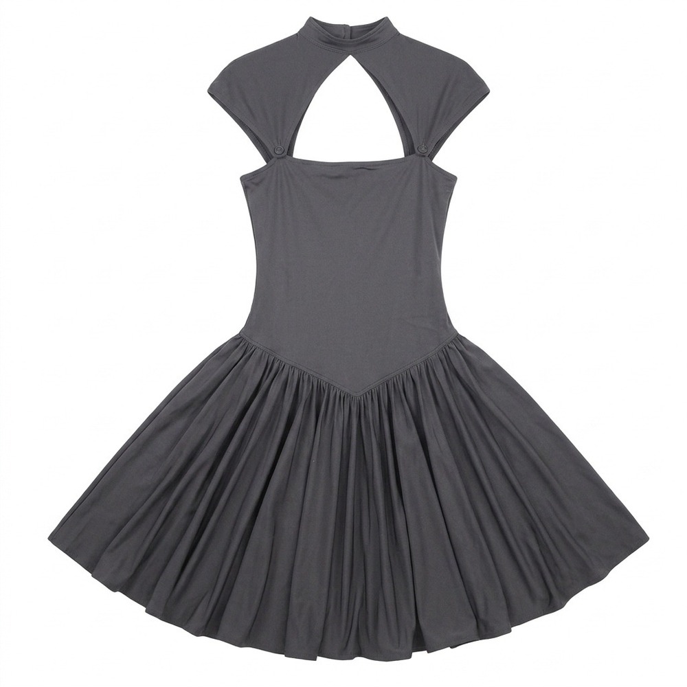 Bonnie Strauss Gray Mock Neck Cutout Drop Waist Pleated Circle Skirt Dress